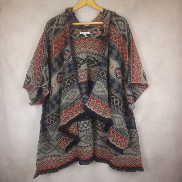 Quagga Gray Red Black Geometric Aztec Southwestern Print Ruana Poncho Cardigan - Picture 1 of 8